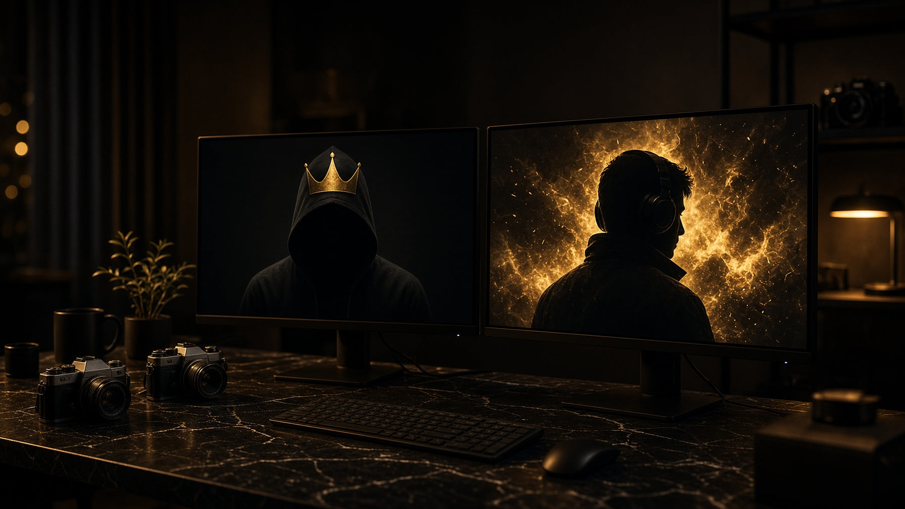 DIGICLUB night desk — dual monitors, gold light, Sonargaon Dhaka